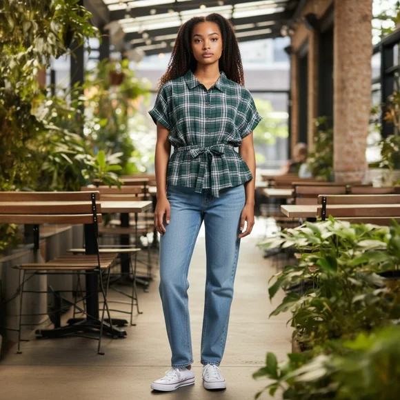 Sweet Rain Teal Green Plaid Women's Peplum Short-Sleeve Blouse Size Large EUC - Picture 8 of 8